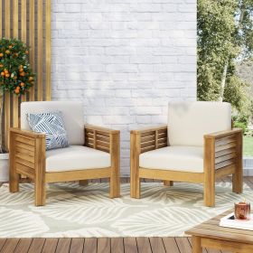 ( Set of 2) Outdoor Acacia Wood Club Chairs with Cushions, Teak+Beige, 27.75"D x 32"W x 27.75"H