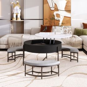 Modern Round Lift-Top Coffee Table with Storage & 3 Ottoman White & Black