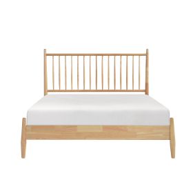 Mid-Century Modern Design Queen Platform Bed 1pc Natural Finish Wooden Bedroom Furniture Vertical Slats Headboard, Bed in a Box