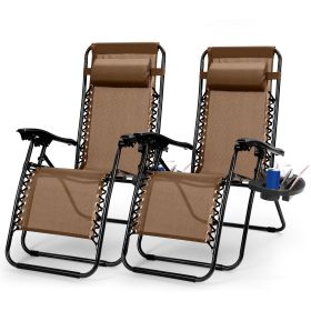 2Packs Zero Gravity Lounge Chair with Dual Side Tray 330lbs Load Foldable Recliner Chair (Color: Brown)